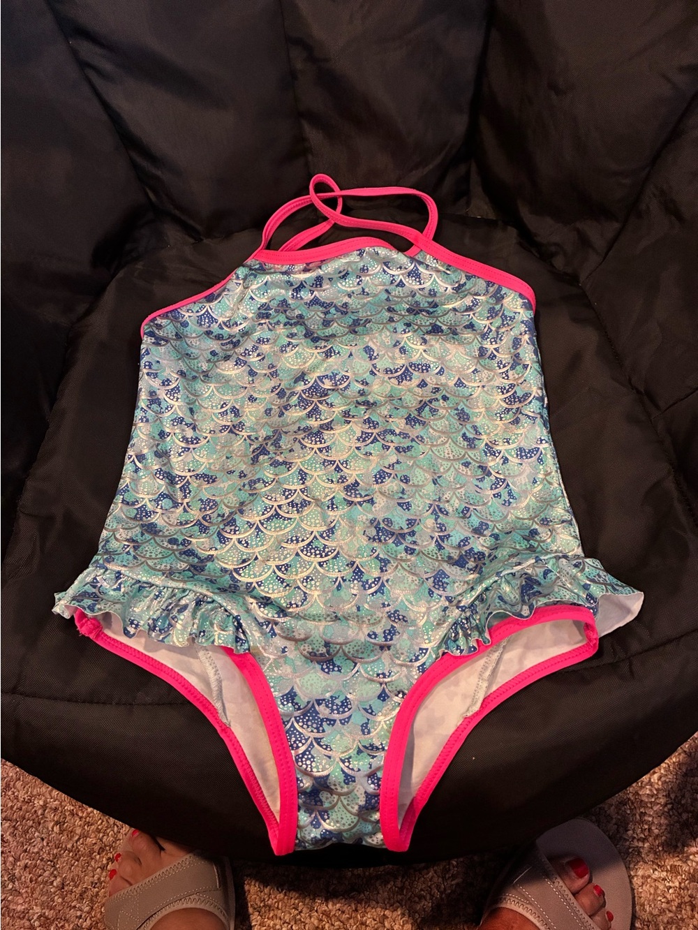 Limited Too Girls Aqua Mermaid Scale One-Piece with Hot Pink Trim